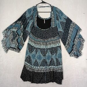 Free People Mini Dress Womens Small Blue Mixed Print Boho Bell Sleeve Festival
